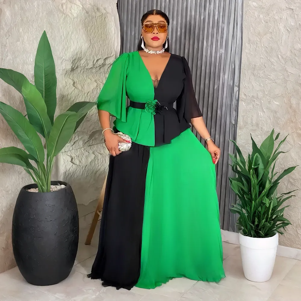 Robe longue élégante en mousseline de soie à imprimé patchwork et contraste pour femmes africaines