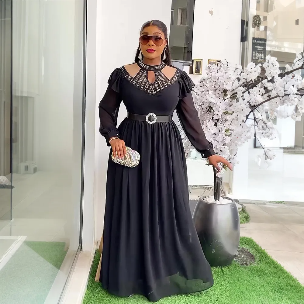 Robe élégante grande taille à perles et ceinture pour femme