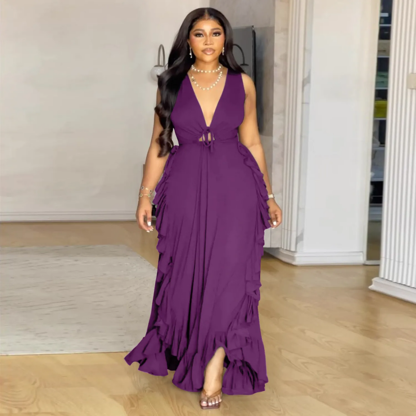 Robe sexy chic à volants, taille haute, bretelles creuses, grande taille