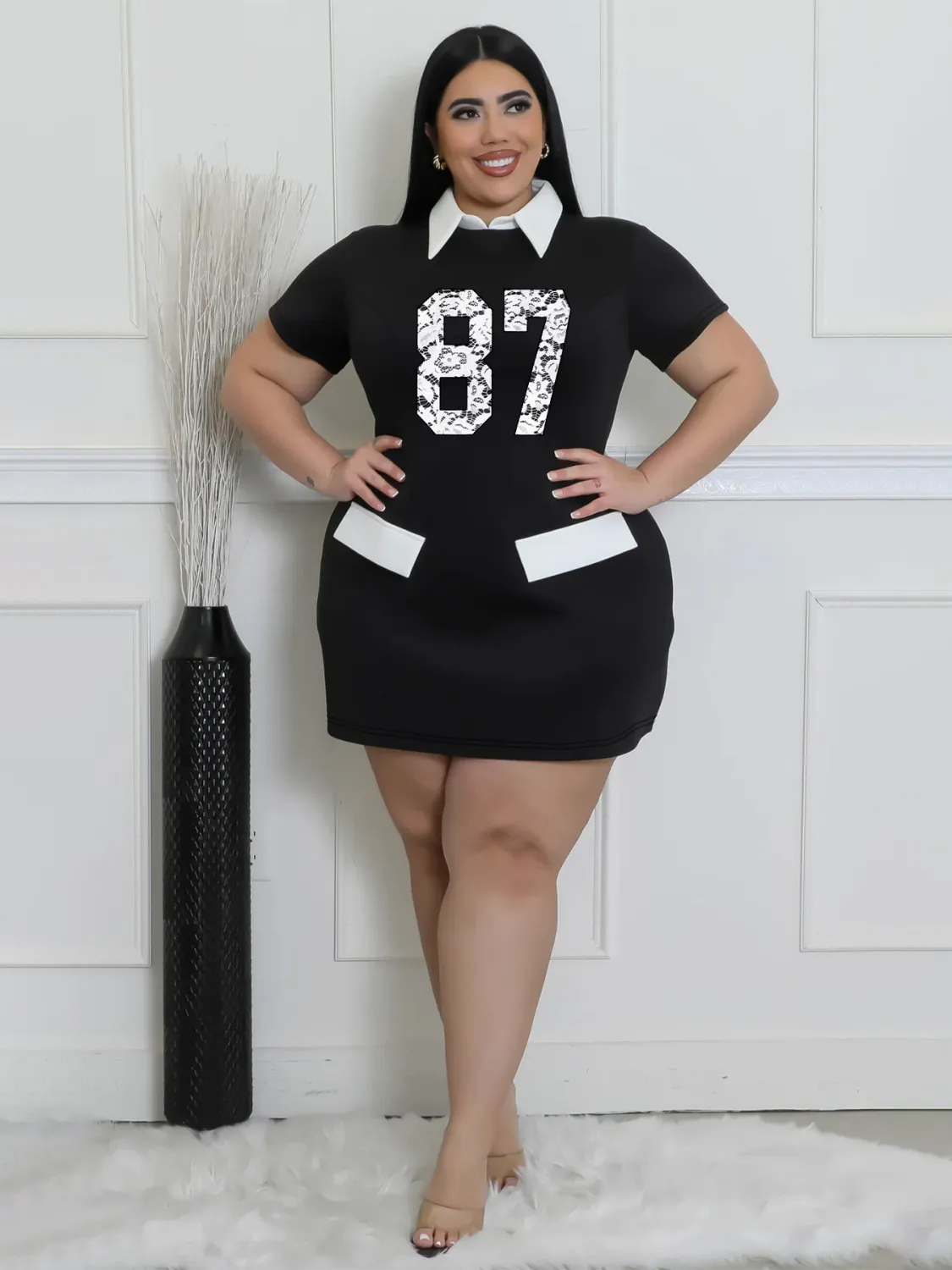 Robe d'été à manches courtes et col rabattu pour femme, couleur unie, grande taille, contrastée GL