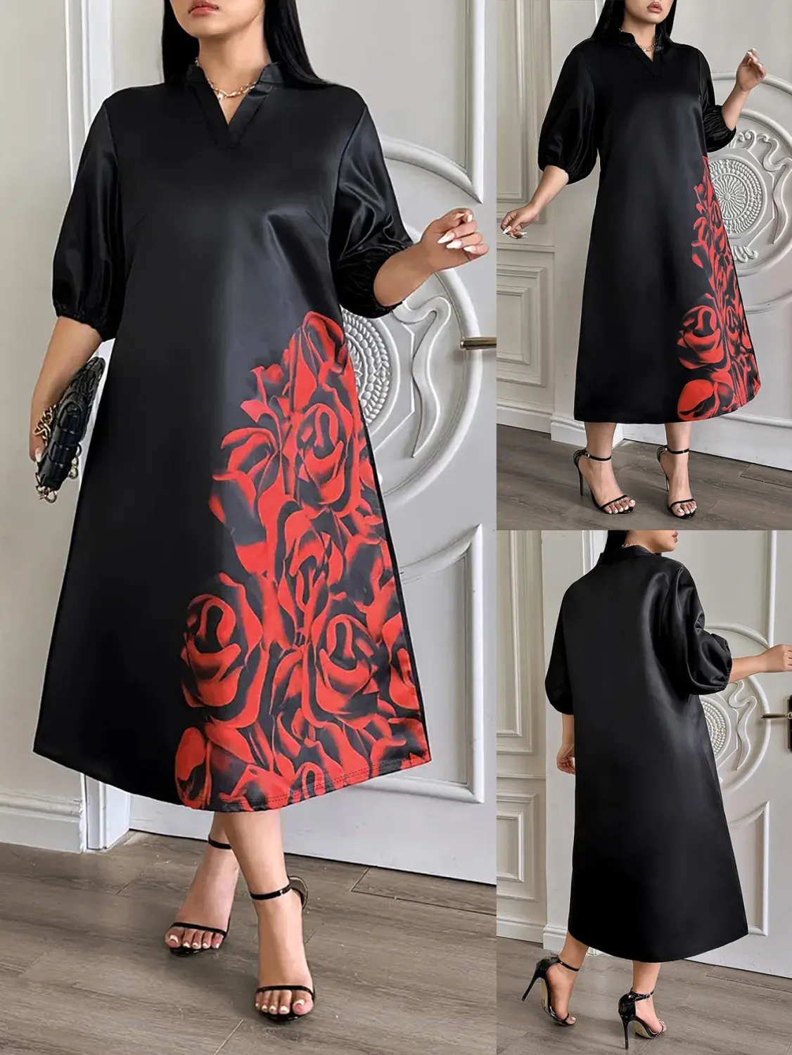 Robe trapèze grande taille à manches mi-longues et col en V GL