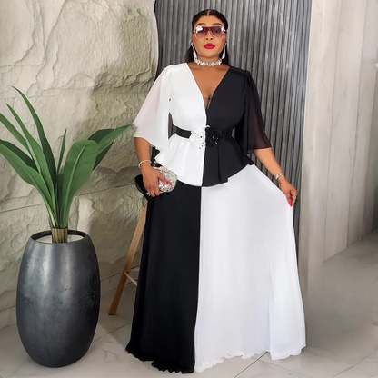 Robe longue élégante en mousseline de soie à imprimé patchwork et contraste pour femmes africaines