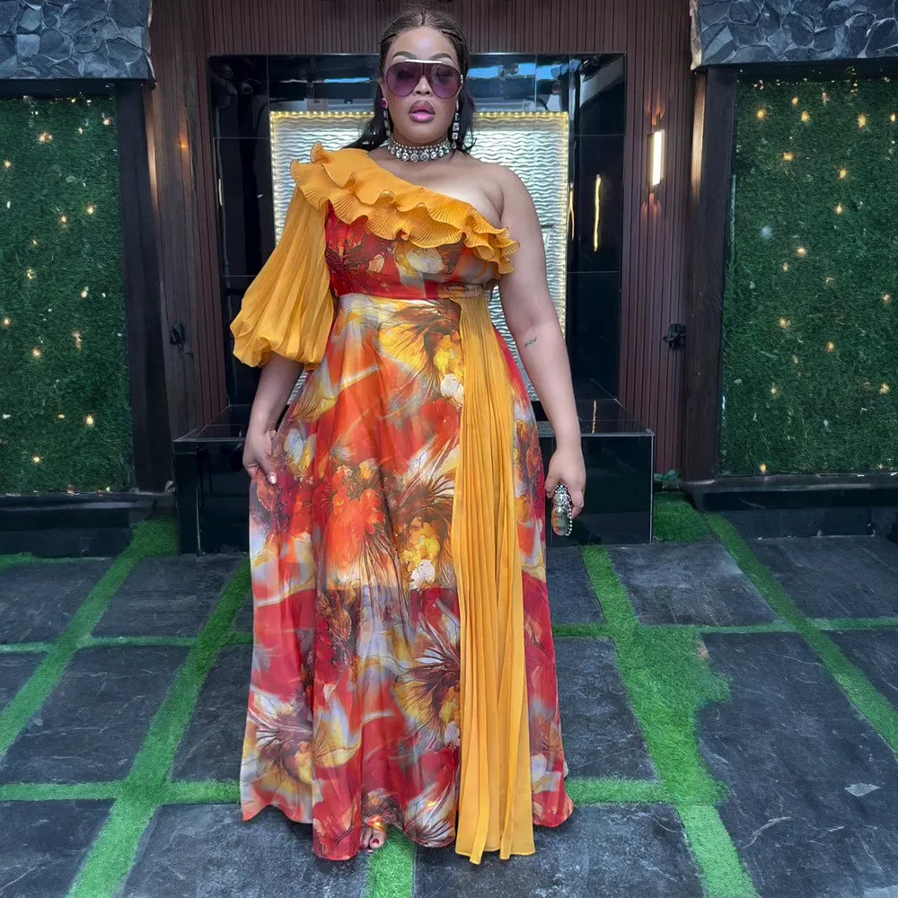 Robe en mousseline de soie à épaules dénudées à imprimé africain grande taille pour printemps/été GL