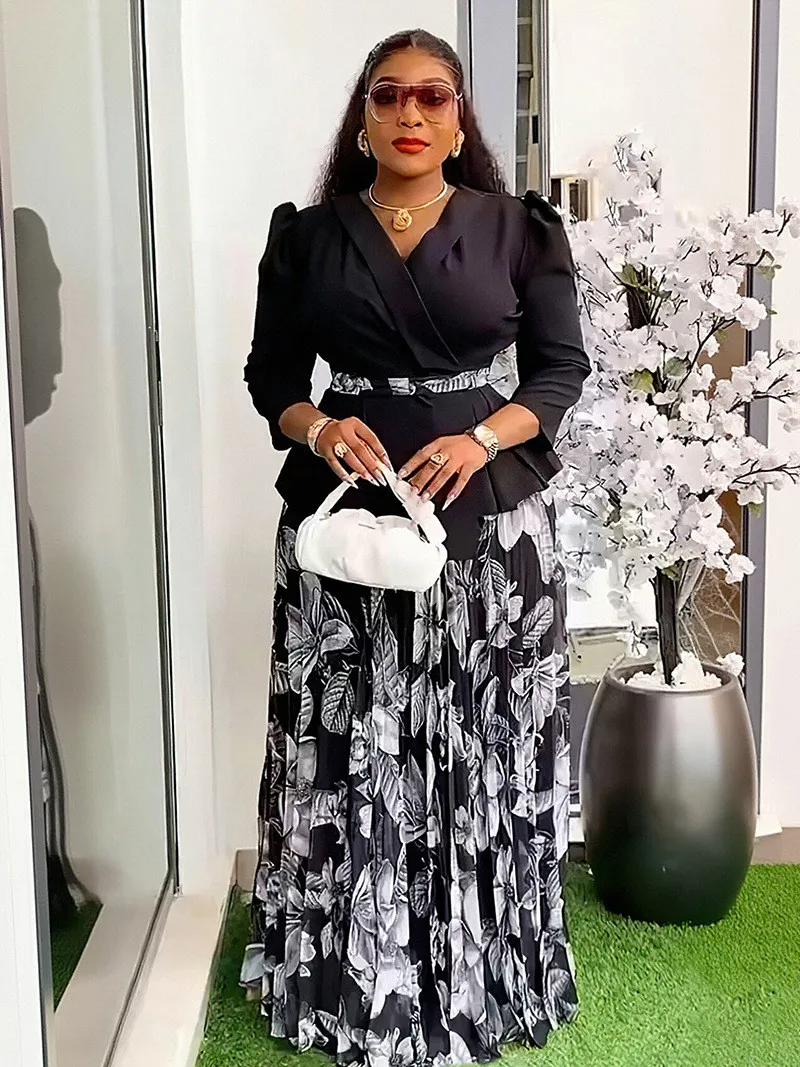 Ensemble deux pièces haut col en V et jupe plissée pour femmes africaines grande taille
