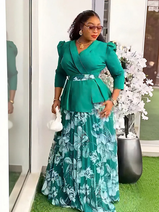 Ensemble deux pièces haut col en V et jupe plissée pour femmes africaines grande taille
