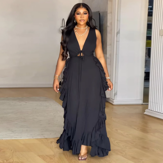Robe sexy chic à volants, taille haute, bretelles creuses, grande taille