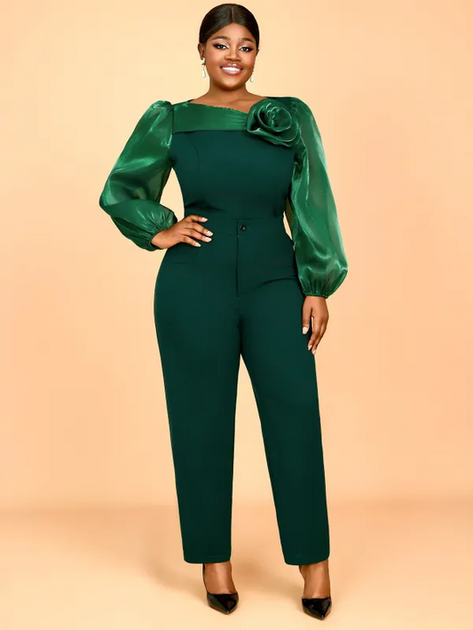 Ensemble deux pièces haut à volants et manches bouffantes pour femme grande taille