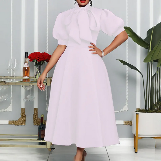 Robe de banquet d'été grande taille pour femmes, jupe à manches courtes, couleur unie, nœud
