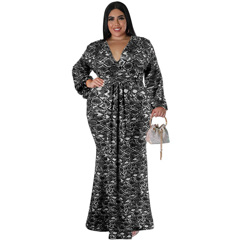 Robe longue sirène à manches longues et col en V pour femme, grande taille GL