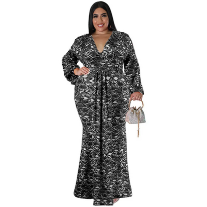 Robe longue sirène à manches longues et col en V pour femme, grande taille GL