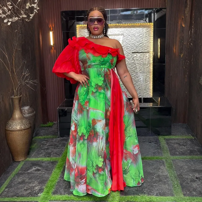 Robe en mousseline de soie à épaules dénudées à imprimé africain grande taille pour printemps/été GL