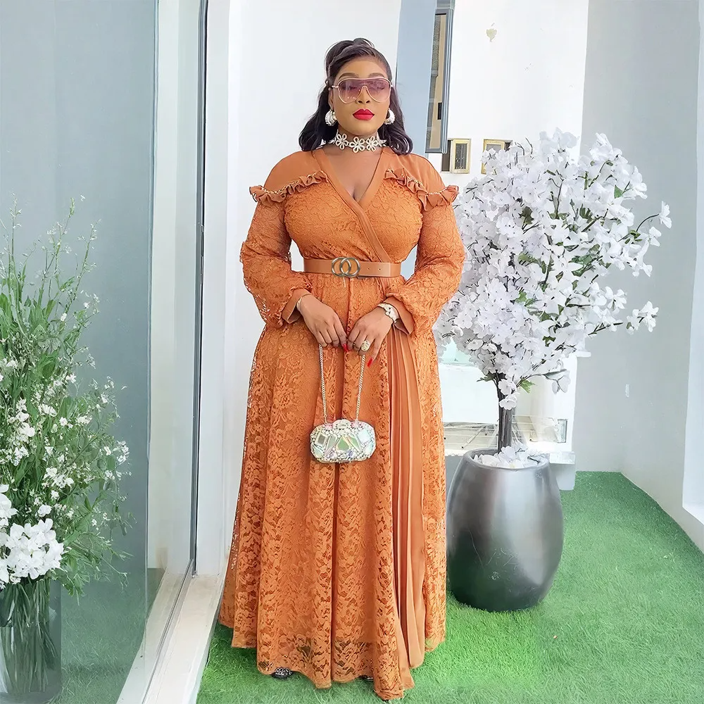 Robe longue élégante en dentelle patchwork pour femme grande taille