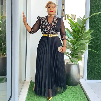Robe de soirée/fête perlée à col en V, style africain, grande taille, chic et élégante, pour femme