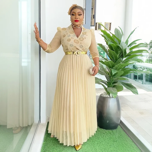 Robe de soirée/fête perlée à col en V, style africain, grande taille, chic et élégante, pour femme