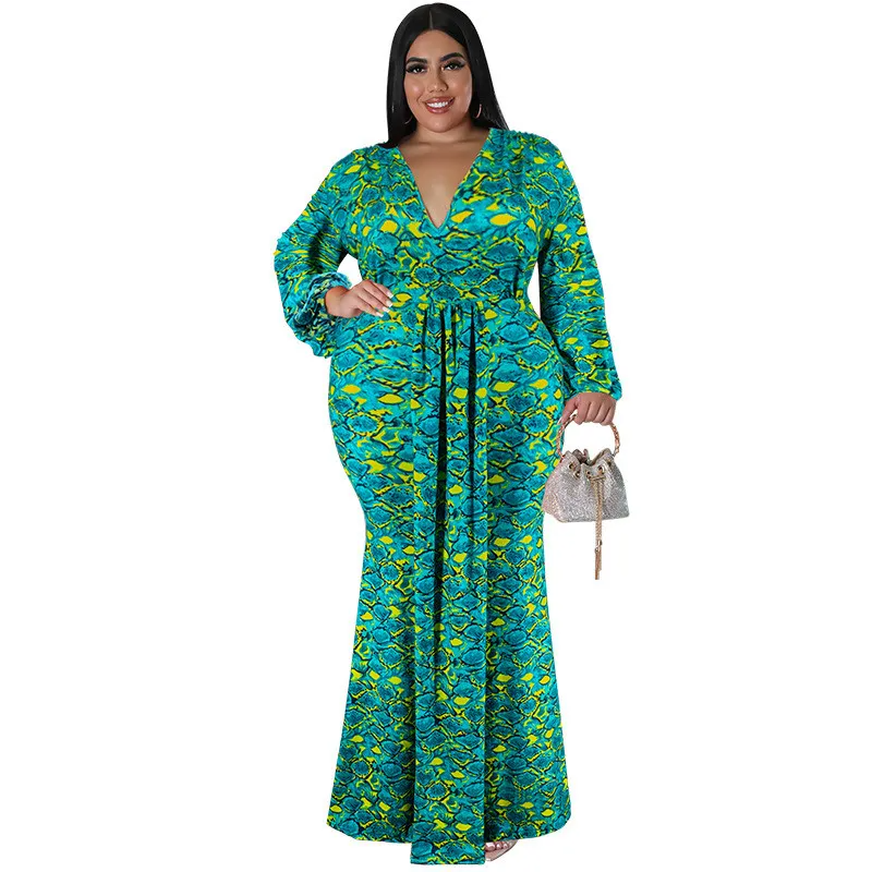 Robe longue sirène à manches longues et col en V pour femme, grande taille GL
