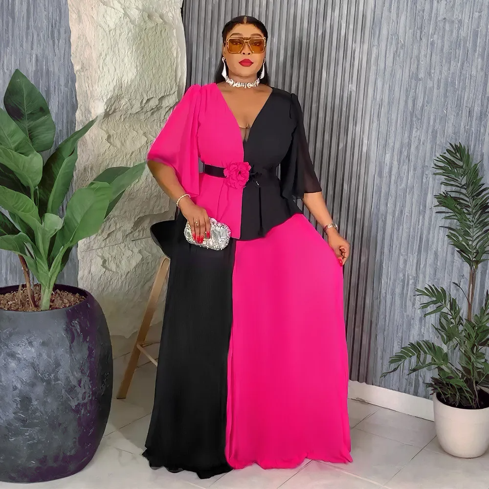 Robe longue élégante en mousseline de soie à imprimé patchwork et contraste pour femmes africaines