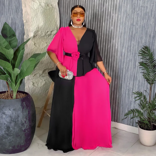 Robe longue élégante en mousseline de soie à imprimé patchwork et contraste pour femmes africaines