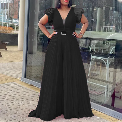 Combinaison sexy plissée à taille large et ceinture pour femme, grande taille, en maille transparente, taille fine