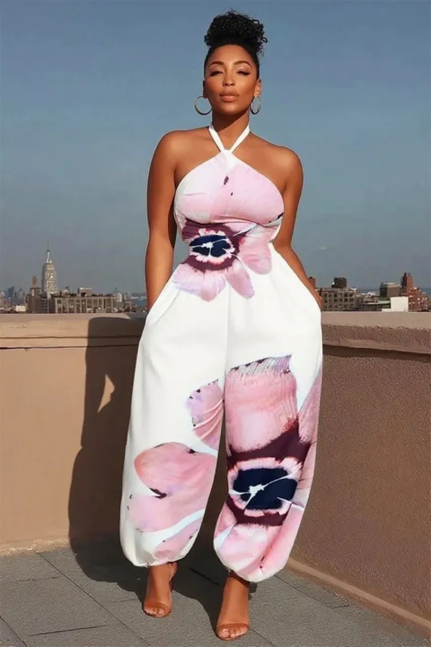 Combinaison imprimée à col licou et taille fine à jambes larges GL