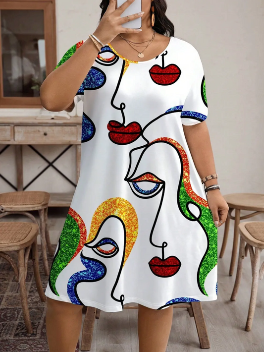 Robe imprimée à manches courtes et col rond pour femme grande taille GL