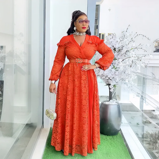 Robe longue élégante en dentelle patchwork pour femme grande taille