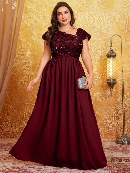 Robe en mousseline de soie plissée à col en V et élégante à sequins pour femme