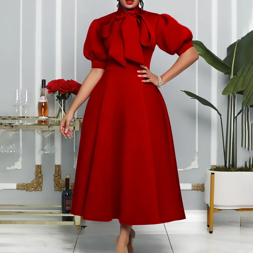 Robe de banquet d'été grande taille pour femmes, jupe à manches courtes, couleur unie, nœud