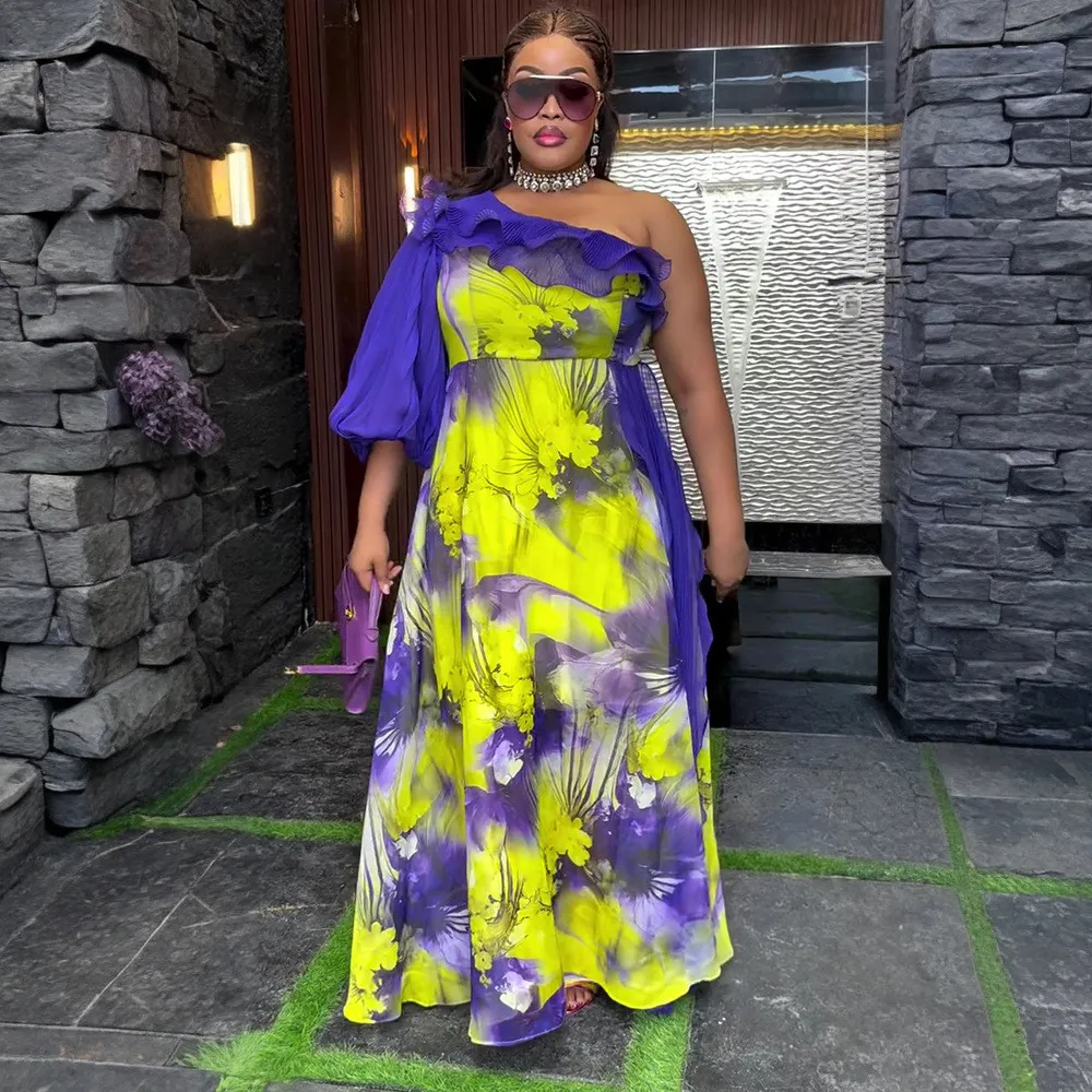 Robe en mousseline de soie à épaules dénudées à imprimé africain grande taille pour printemps/été GL