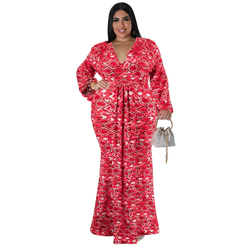 Robe longue sirène à manches longues et col en V pour femme, grande taille GL