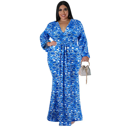 Robe longue sirène à manches longues et col en V pour femme, grande taille GL