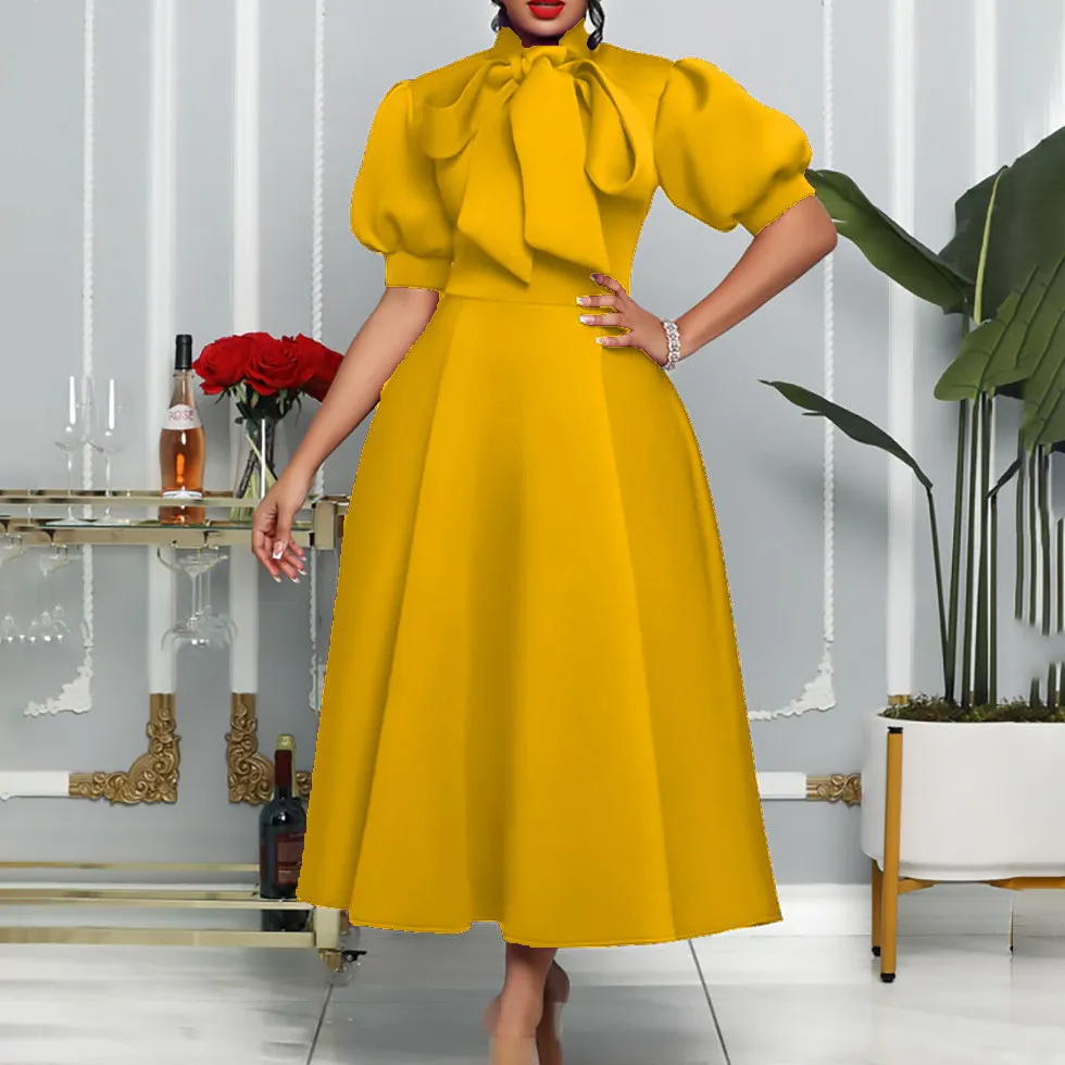 Robe de banquet d'été grande taille pour femmes, jupe à manches courtes, couleur unie, nœud