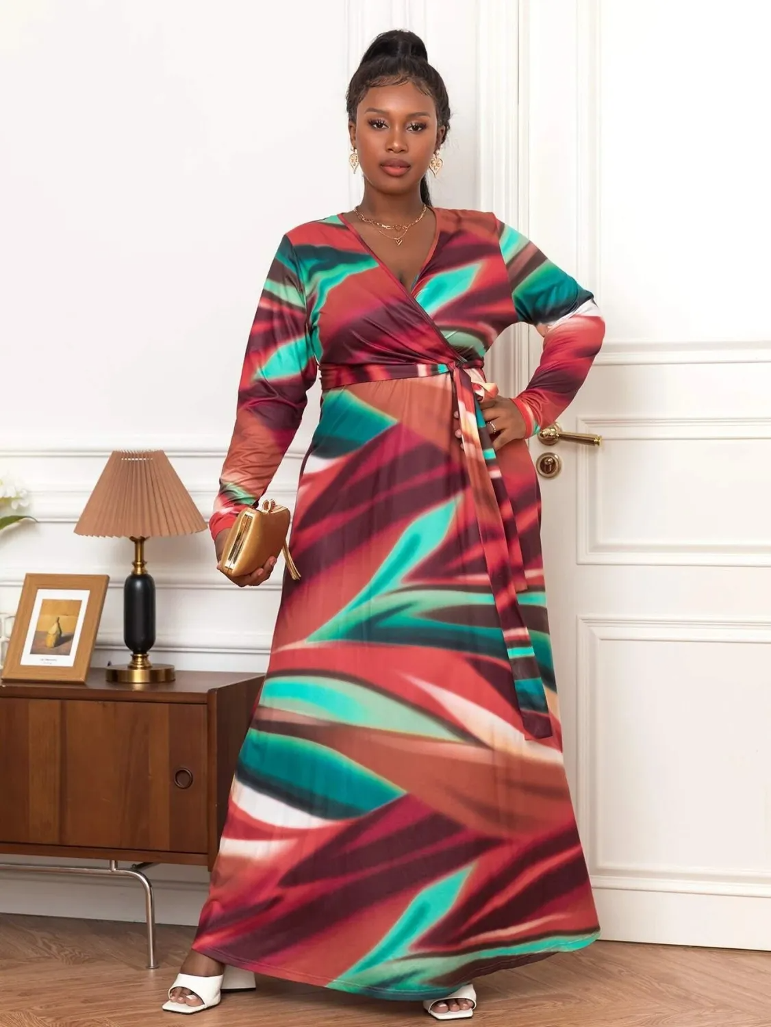 Robe longue de plage bohème sexy à manches longues et col en V pour femme grande taille GL