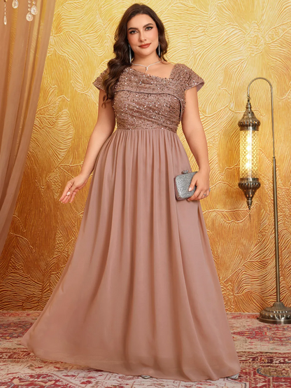 Robe en mousseline de soie plissée à col en V et élégante à sequins pour femme