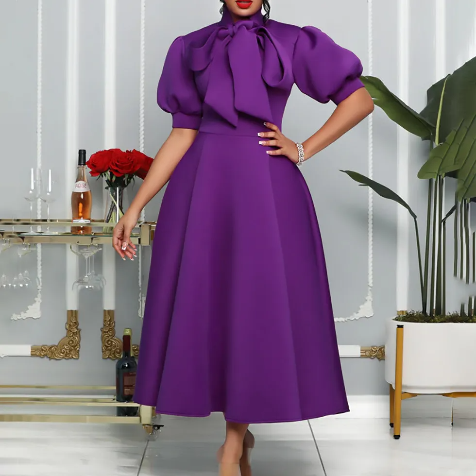 Robe de banquet d'été grande taille pour femmes, jupe à manches courtes, couleur unie, nœud