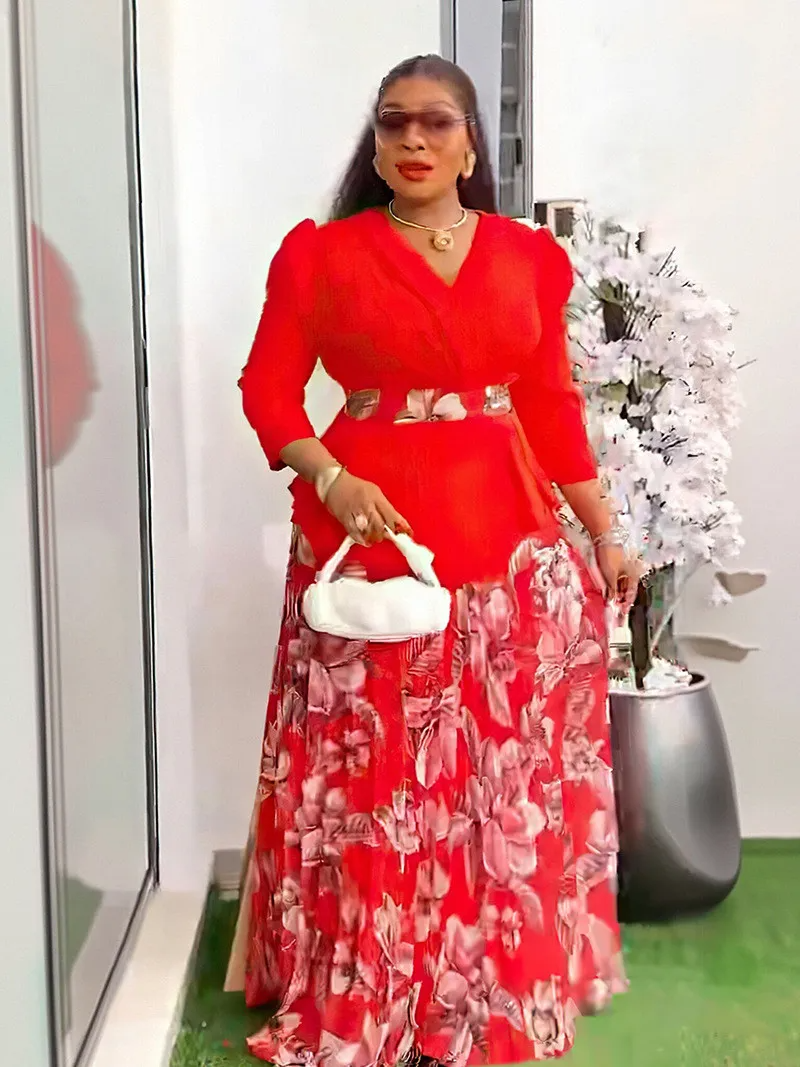 Ensemble deux pièces haut col en V et jupe plissée pour femmes africaines grande taille