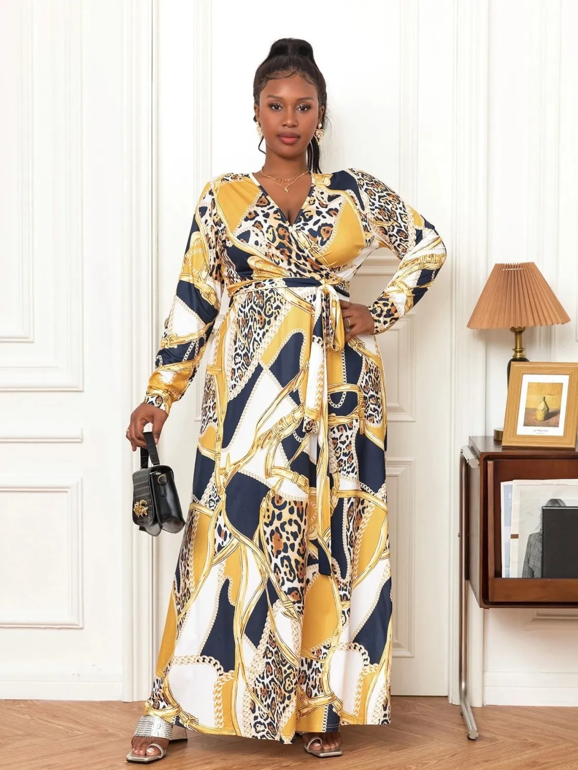 Robe longue de plage bohème sexy à manches longues et col en V pour femme grande taille GL