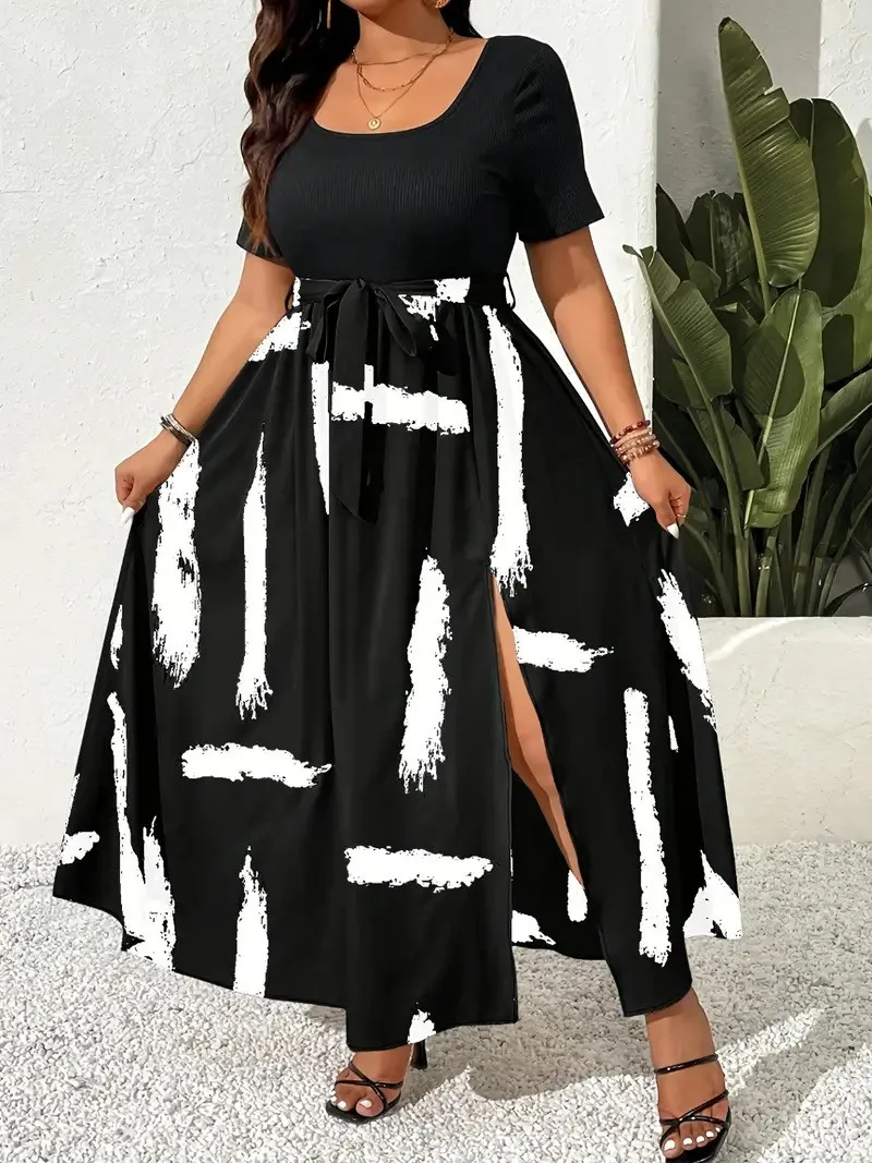 Robe d'été grande taille à manches courtes et patchwork de couleurs contrastées pour femmes GL