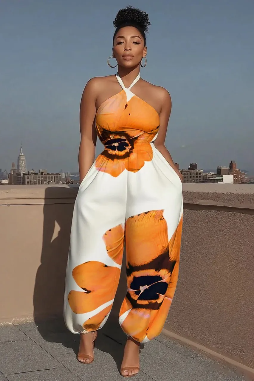 Combinaison imprimée à col licou et taille fine à jambes larges GL