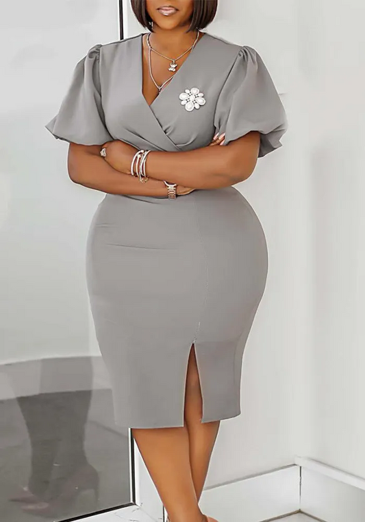 Robe moulante fendue à manches lanternes et col en V pour femme africaine GL